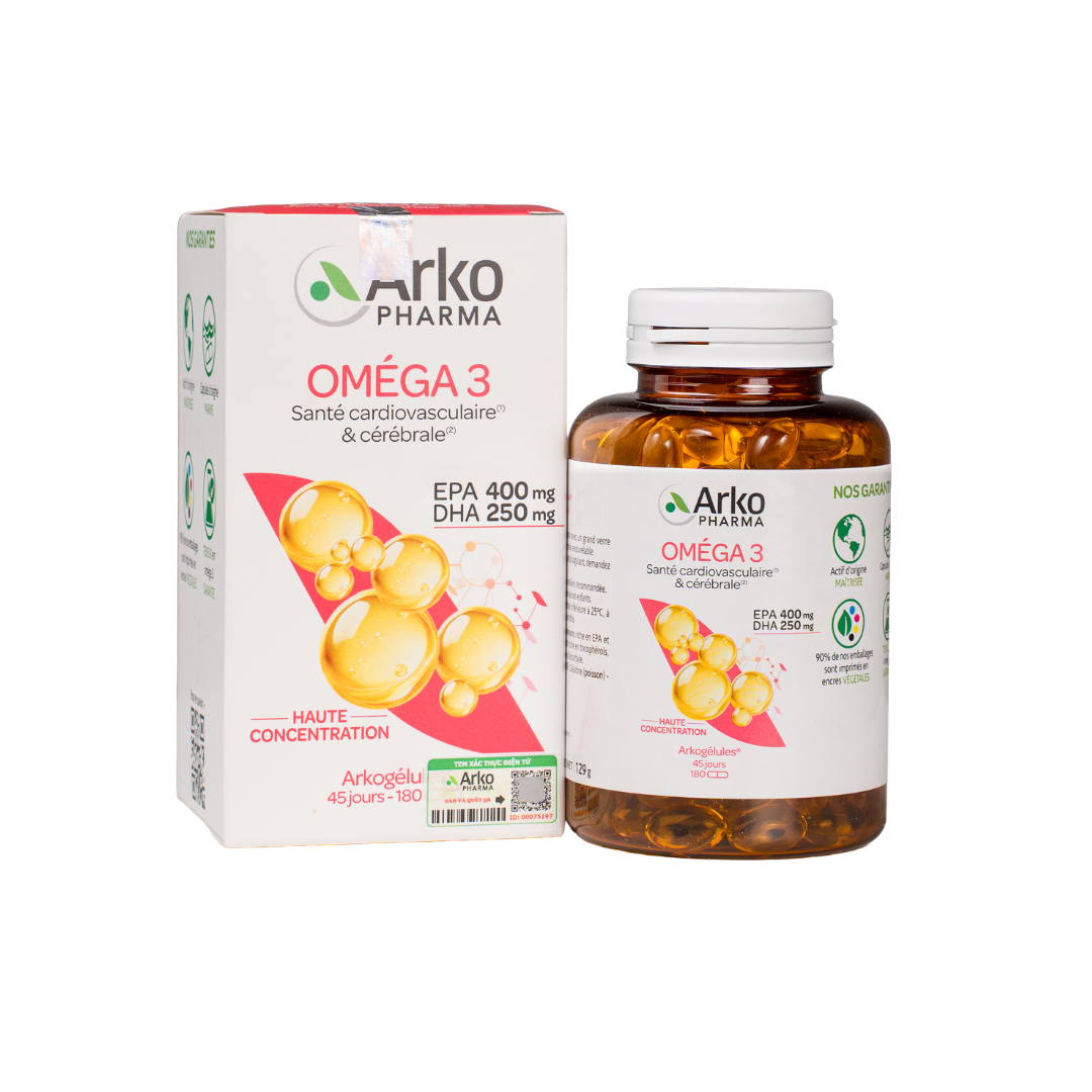 Arkogelules Omega-3 H/180v ARKOPHARMA Dầu cá hồi Na Uy hỗ trợ sức khỏe tim mạch