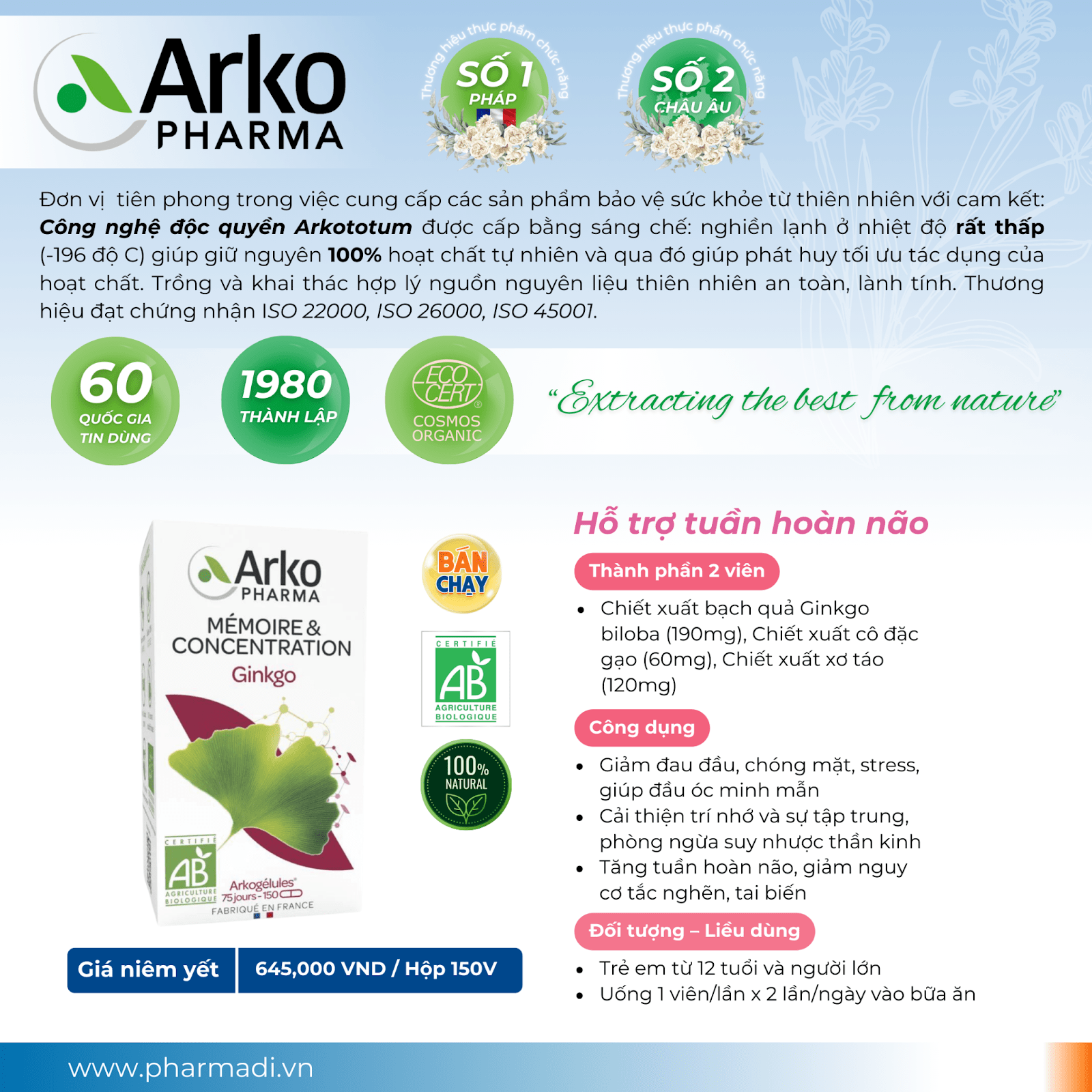 Ginkgo Bio H/150v Arkopharma Bạch Quả Hữu Cơ Bổ Não