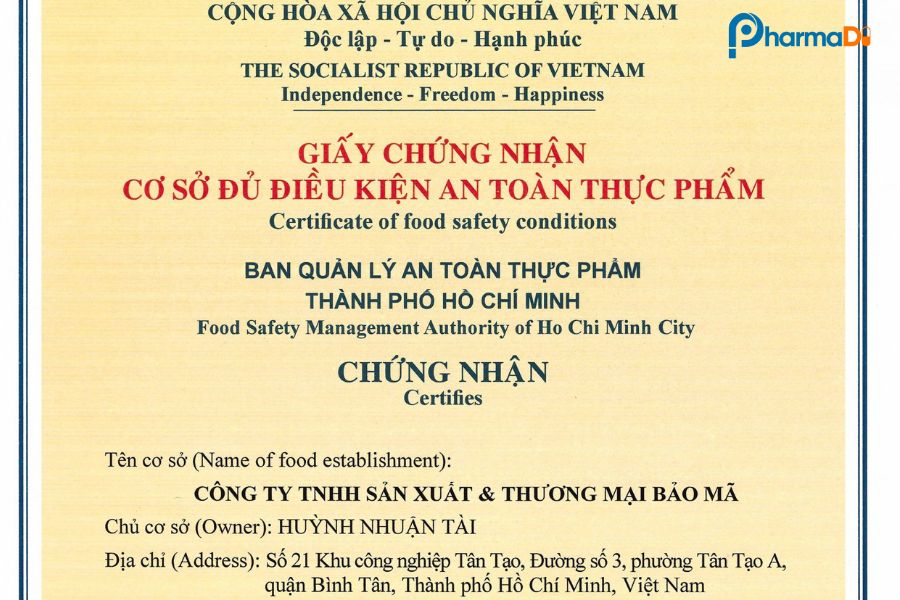 Giấy chứng nhận cơ sở đủ điều kiện an toàn thực phẩm